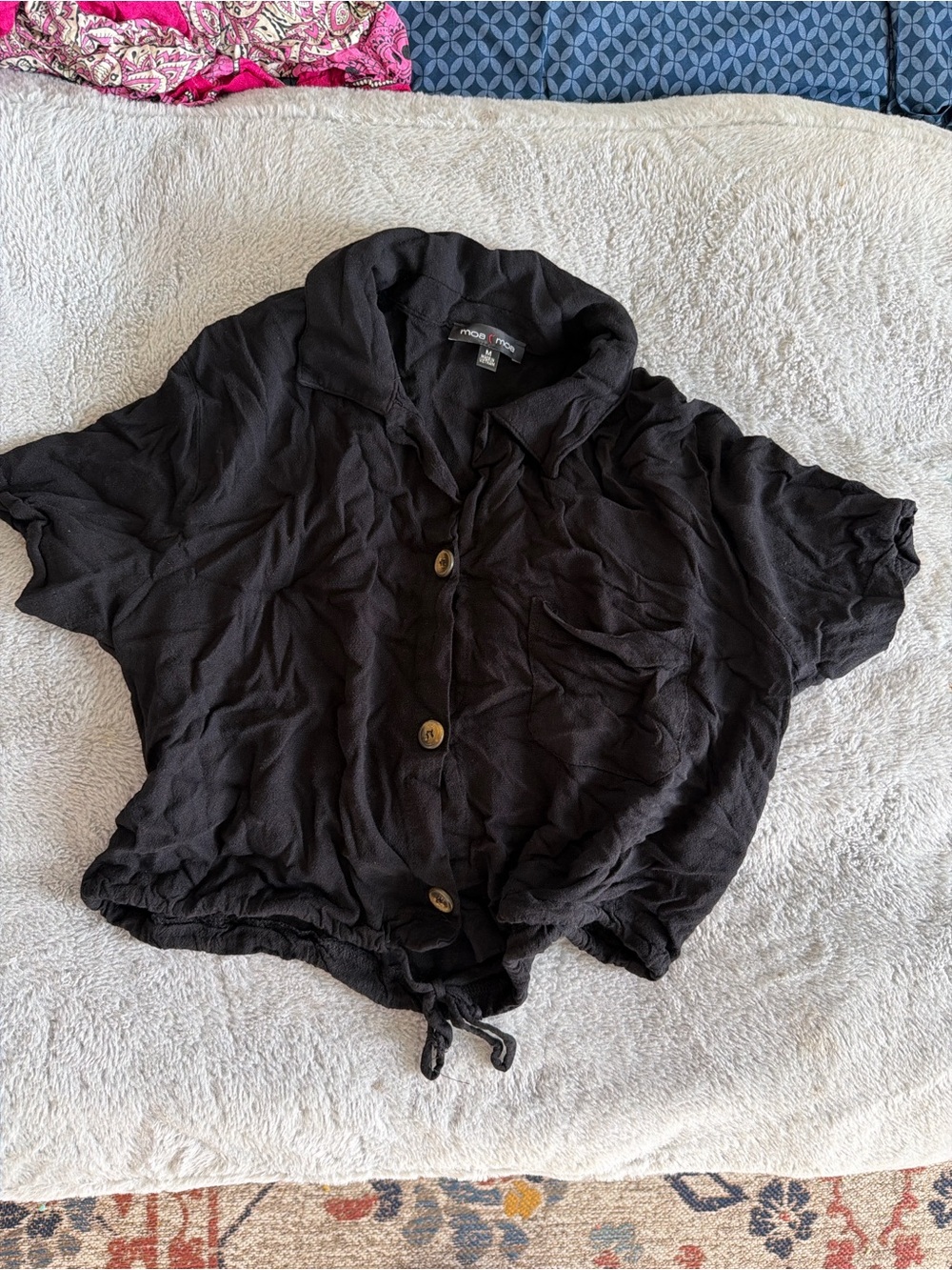 Moa Moa Black Short-Sleeve Button Front Drawstring Top